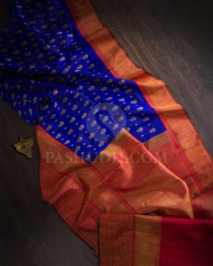 Royal Blue With Red Pure Zari Bridal Kanjivaram Silk Saree-P207(A)