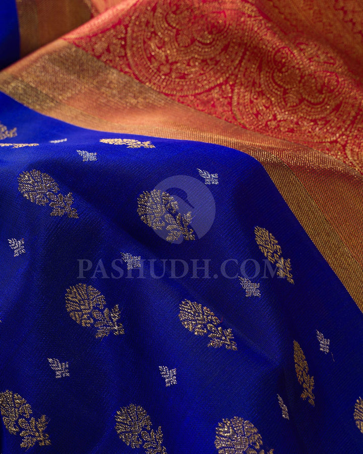 Royal Blue With Red Pure Zari Bridal Kanjivaram Silk Saree-P207(A)