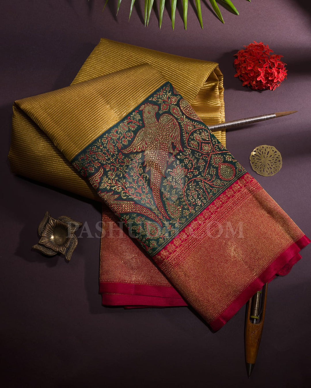 Golden Mustard With Bottle Green And Red Kanjivaram Silk Saree-S1580(A)