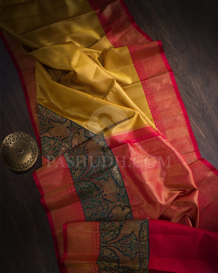 Golden Mustard With Bottle Green And Red Kanjivaram Silk Saree-S1580(A)