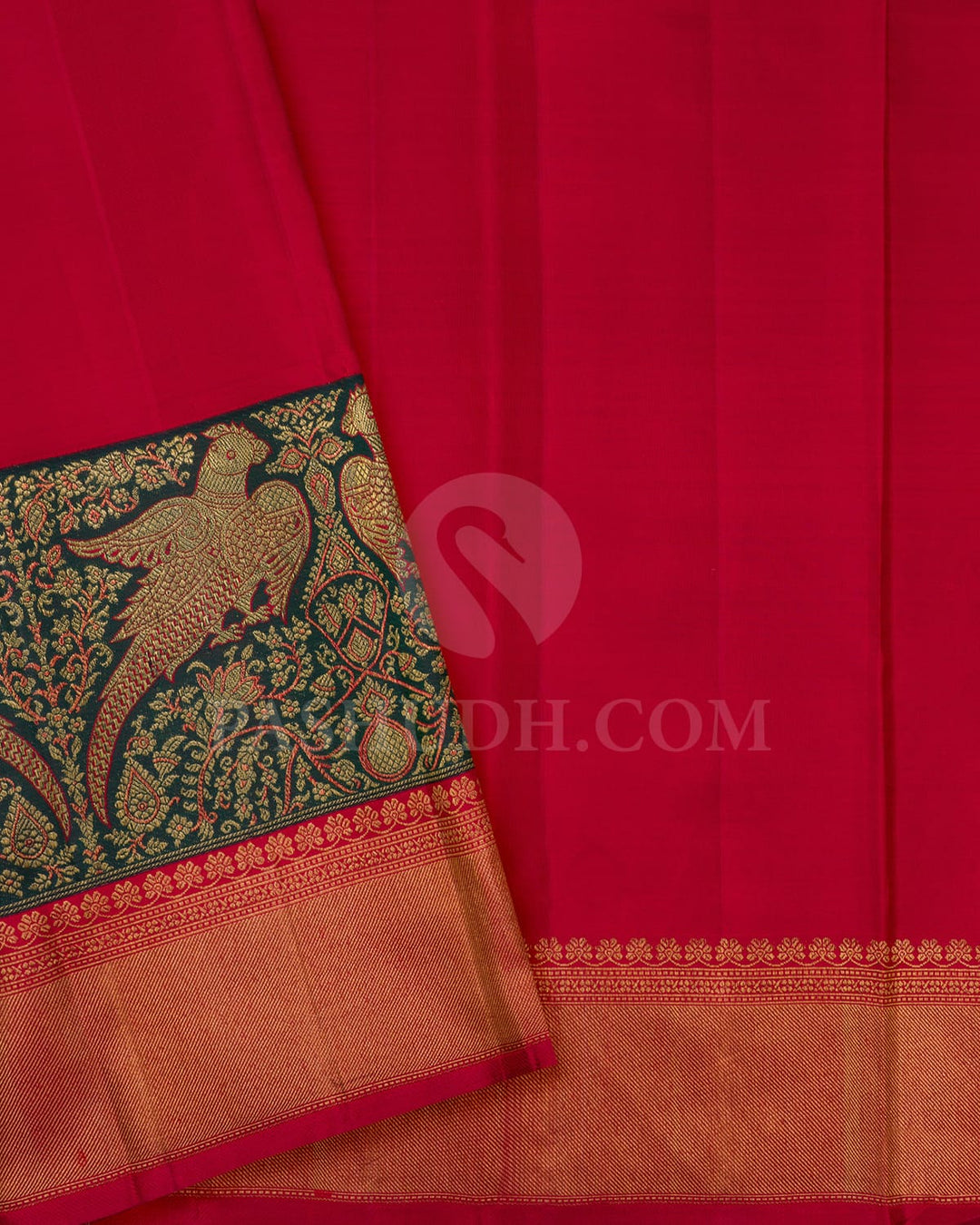 Golden Mustard With Bottle Green And Red Kanjivaram Silk Saree-S1580(A)