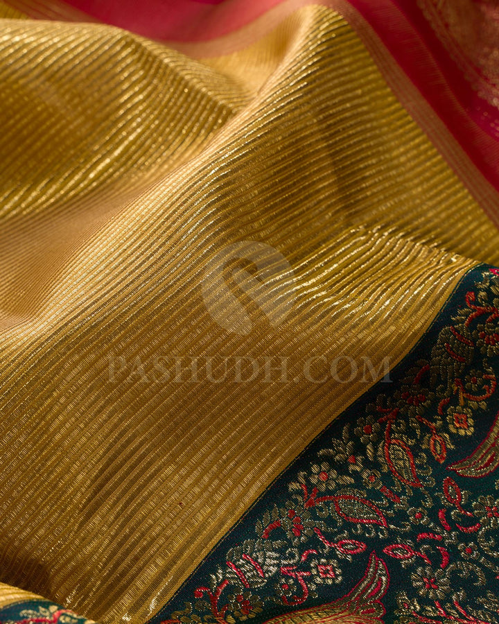 Golden Mustard With Bottle Green And Red Kanjivaram Silk Saree-S1580(A)