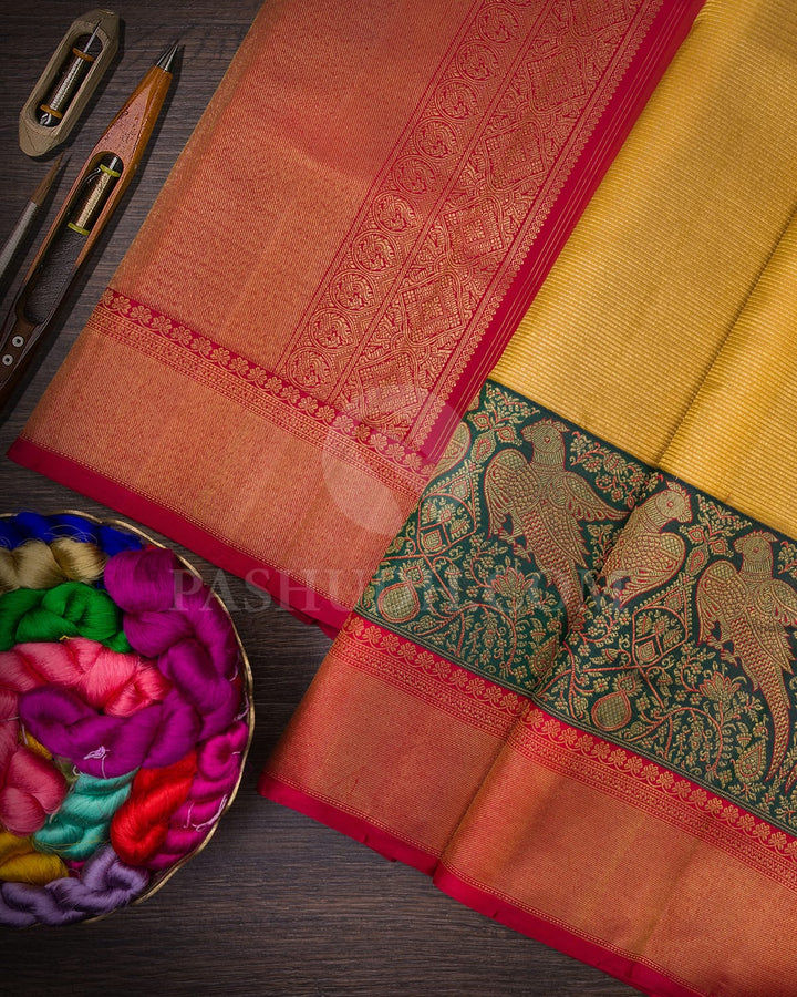 Golden Mustard With Bottle Green And Red Kanjivaram Silk Saree-S1580(A)