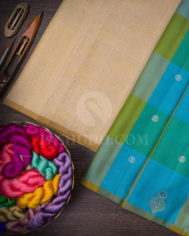 Blue-Green Hue With Beige Borderless Traditional Kanjivaram Silk Saree-S1491(B)