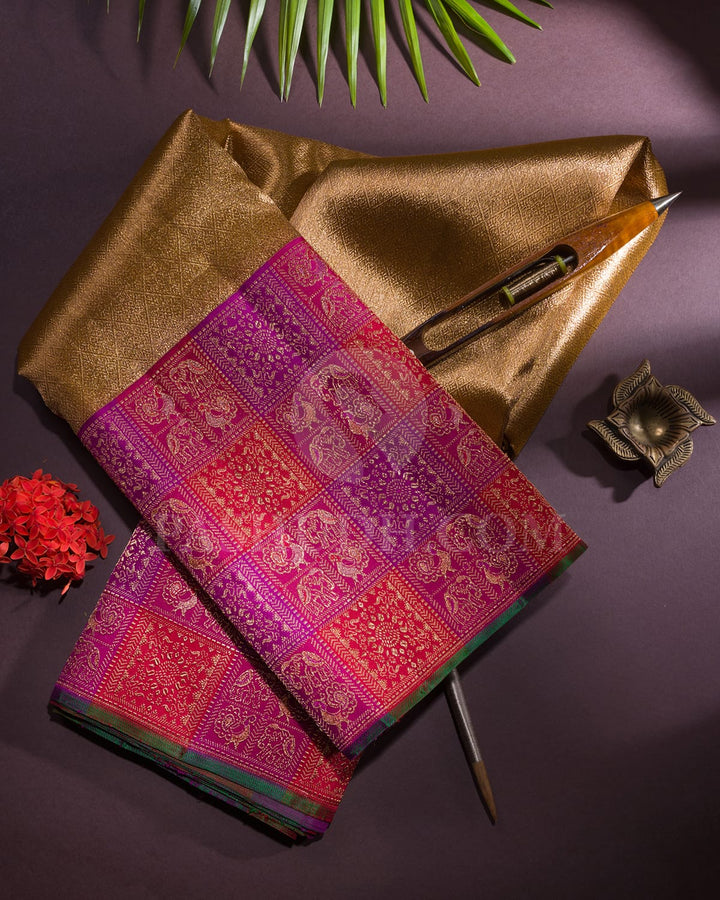 Antique Gold Tissue Shimmer Kanjivaram Silk Saree With Multi-Hued Border-S1273(B)