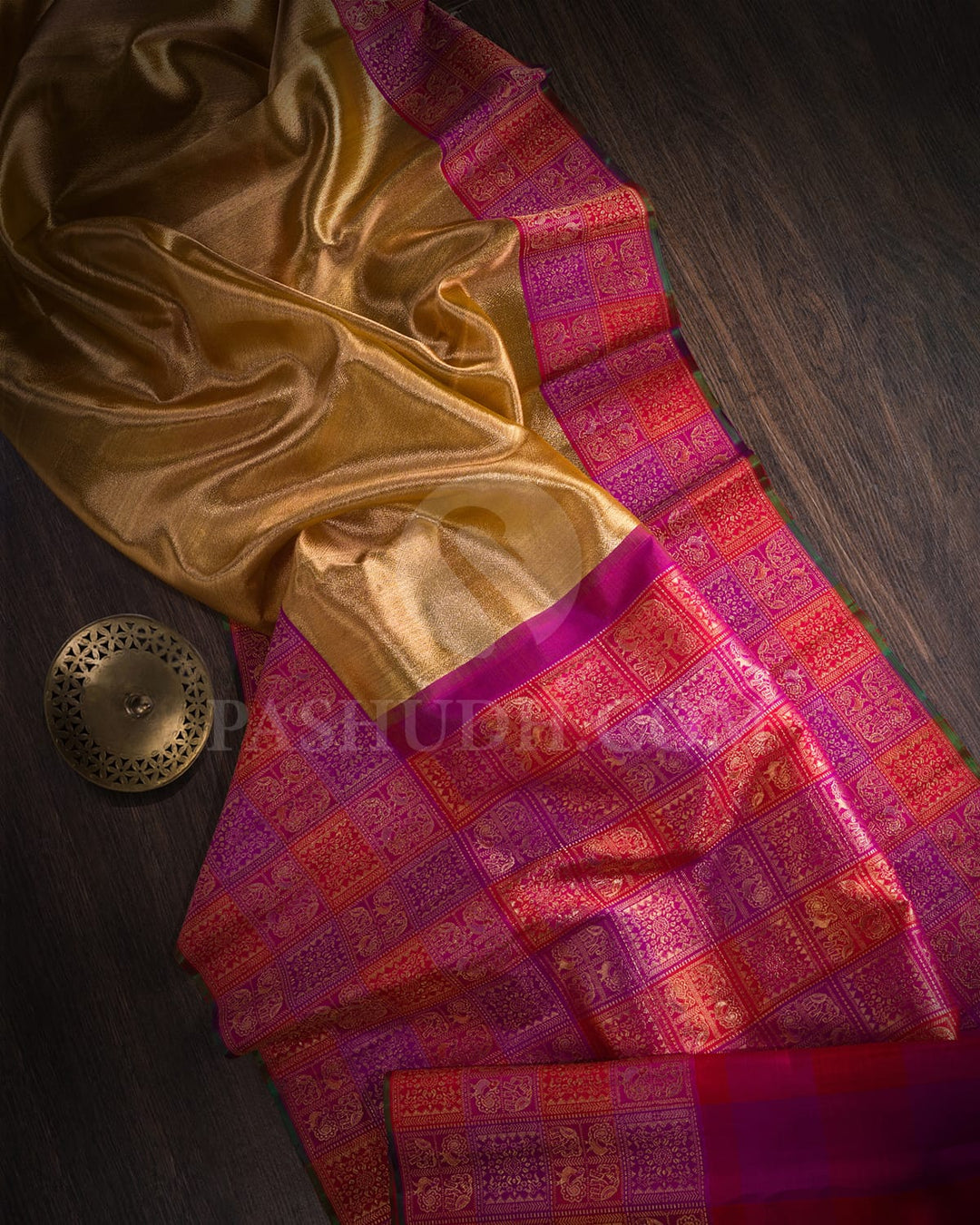 Antique Gold Tissue Shimmer Kanjivaram Silk Saree With Multi-Hued Border-S1273(B)