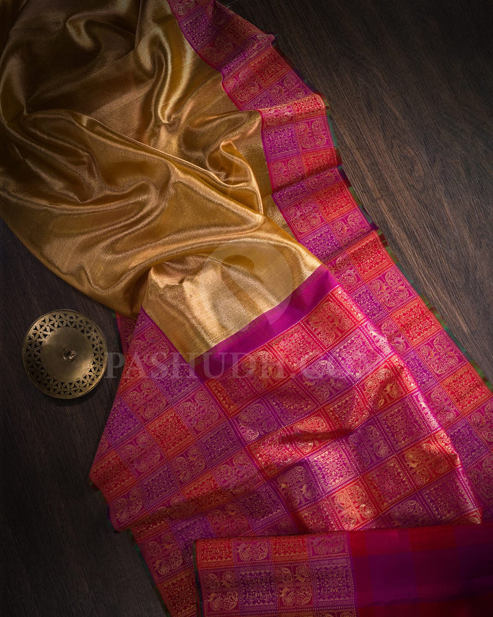 Antique Gold Tissue Shimmer Kanjivaram Silk Saree With Multi-Hued Border-S1273(B)