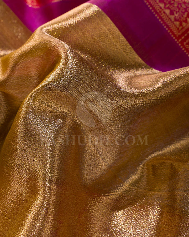Antique Gold Tissue Shimmer Kanjivaram Silk Saree With Multi-Hued Border-S1273(B)