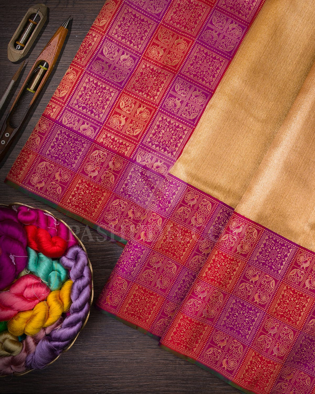 Antique Gold Tissue Shimmer Kanjivaram Silk Saree With Multi-Hued Border-S1273(B)