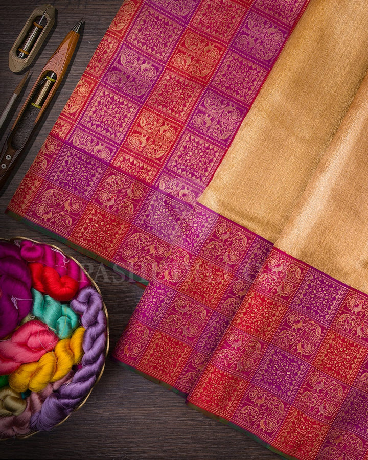 Antique Gold Tissue Shimmer Kanjivaram Silk Saree With Multi-Hued Border-S1273(B)