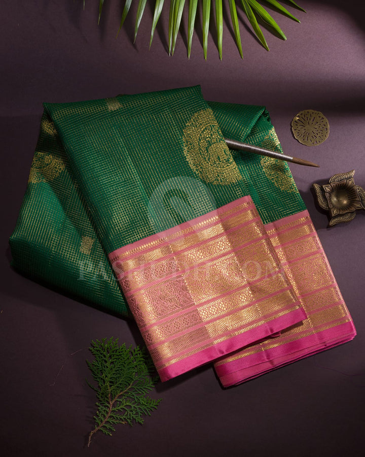 Deep Emerald Green With Baby Pink Vairaoosi Kanjivaram Silk Saree-S1583(A)