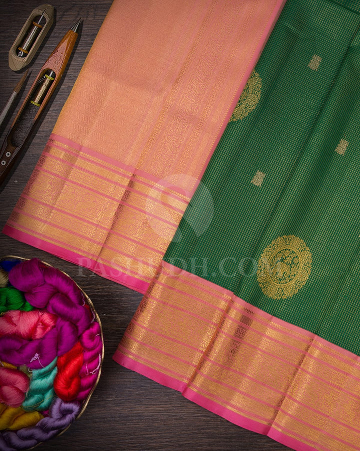 Deep Emerald Green With Baby Pink Vairaoosi Kanjivaram Silk Saree-S1583(A)