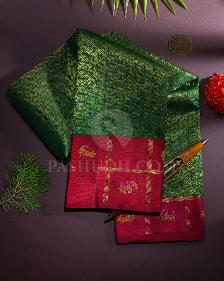 Deep Dark Green And Red Kanjivaram Silk Saree-S1581(A)