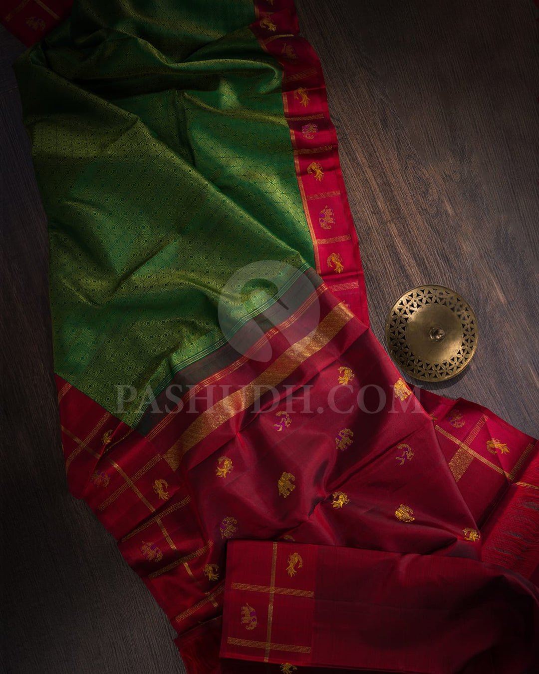 Deep Dark Green And Red Kanjivaram Silk Saree-S1581(A)