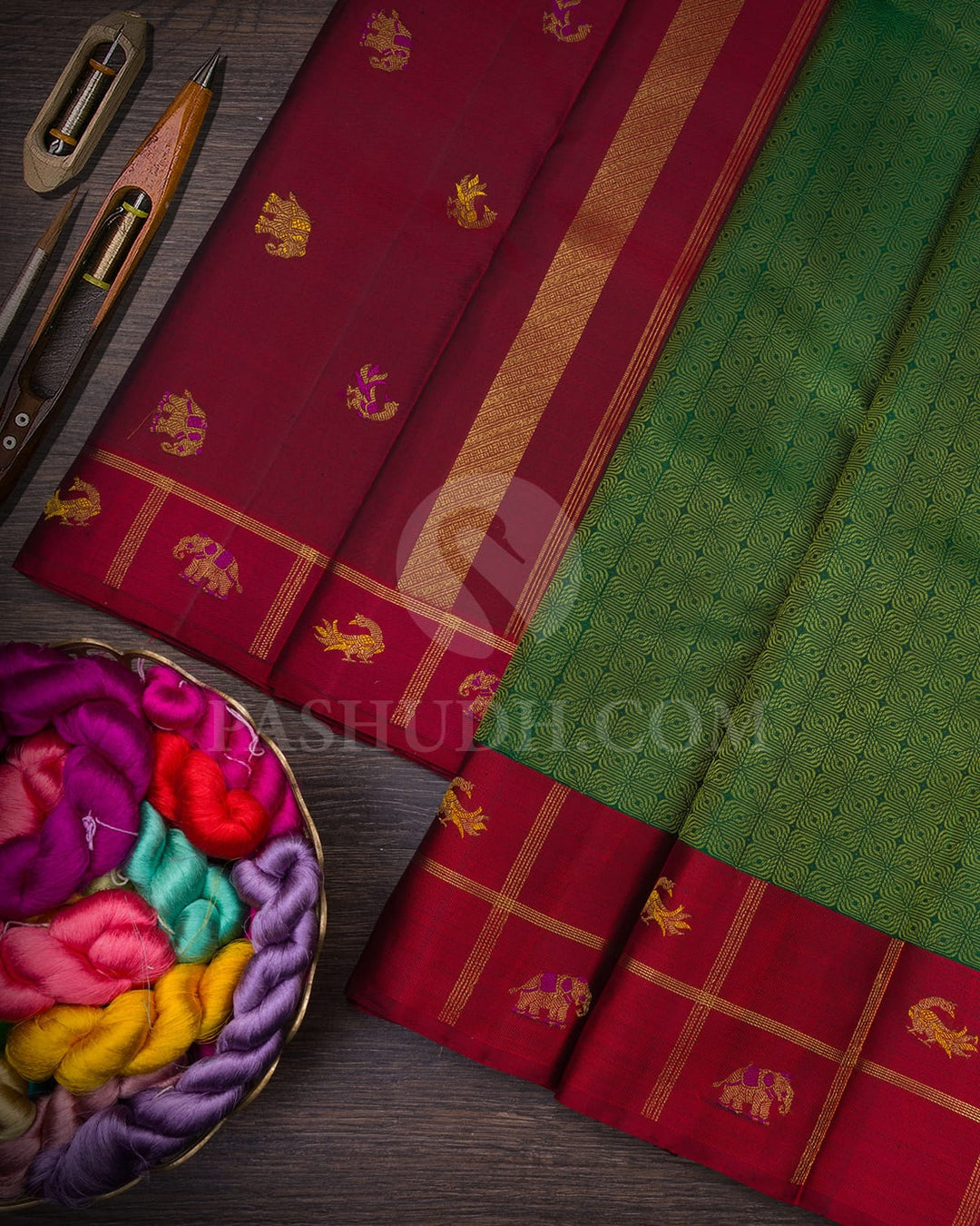 Deep Dark Green And Red Kanjivaram Silk Saree-S1581(A)