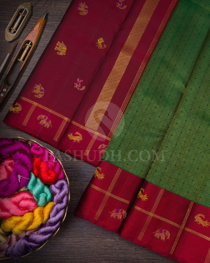 Deep Dark Green And Red Kanjivaram Silk Saree-S1581(A)