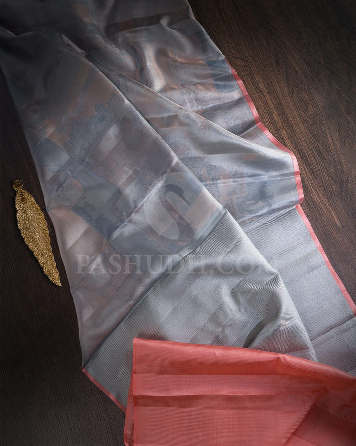 Silver Grey With Peachy Pink Kanjivaram Silk Saree-DJ403(A)