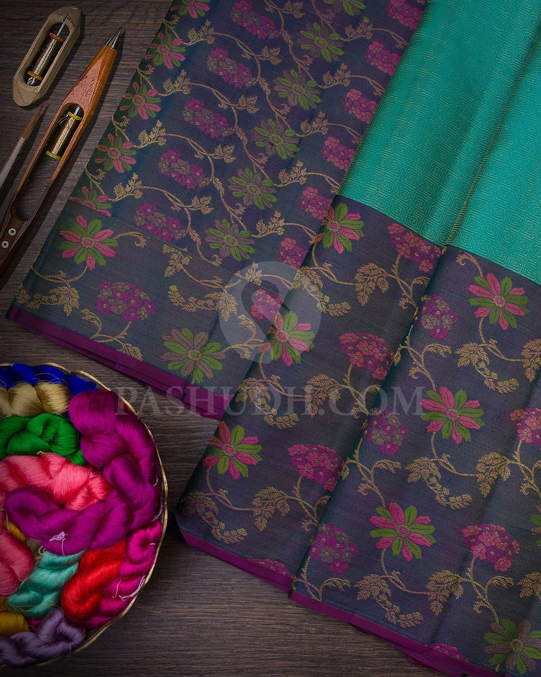 Sapphire Green Dual Shaded Teal Kanjivaram Silk Saree-DJ389(D)