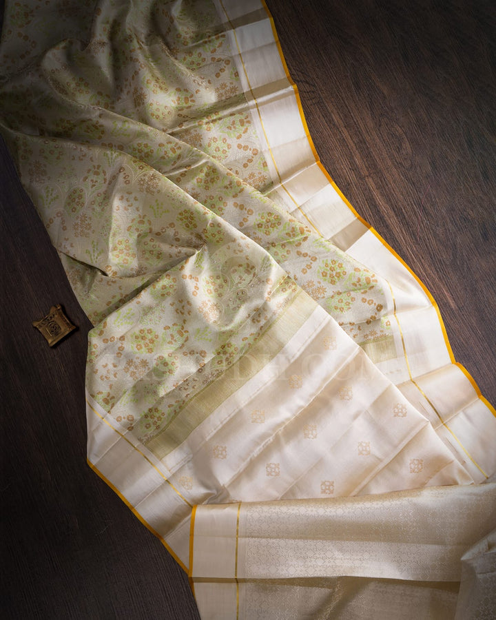 Cream,Light Green And Beige Kanjivaram Silk Saree-DJ396(C)