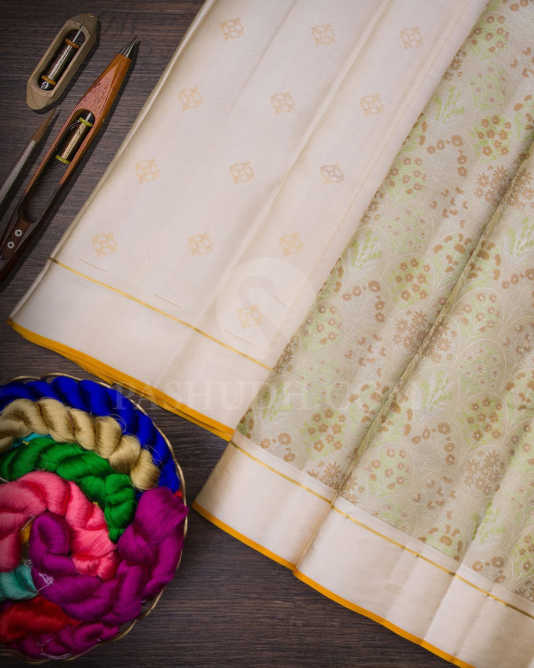 Cream,Light Green And Beige Kanjivaram Silk Saree-DJ396(C)