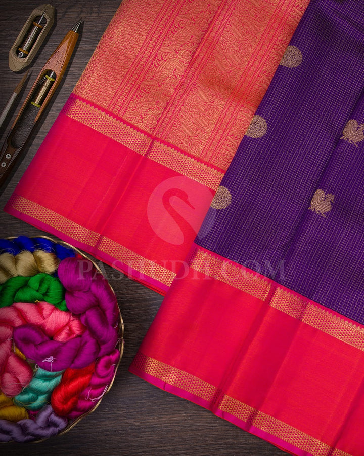 Deep Violet With Dual-Shaded Pink Kanjivaram Silk Saree-SP346