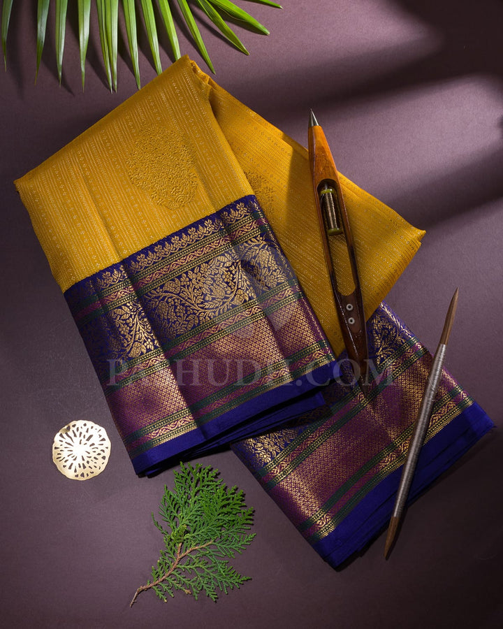 Turmeric Yellow With Royal Blue Kanjivaram Silk Saree-S1159(D)