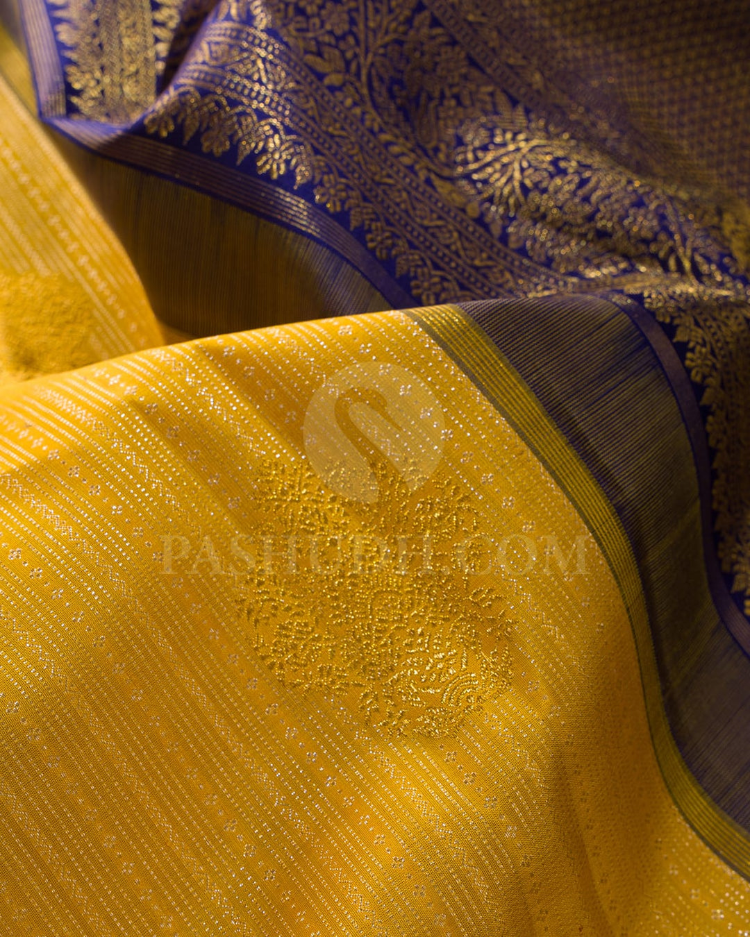 Turmeric Yellow With Royal Blue Kanjivaram Silk Saree-S1159(D)