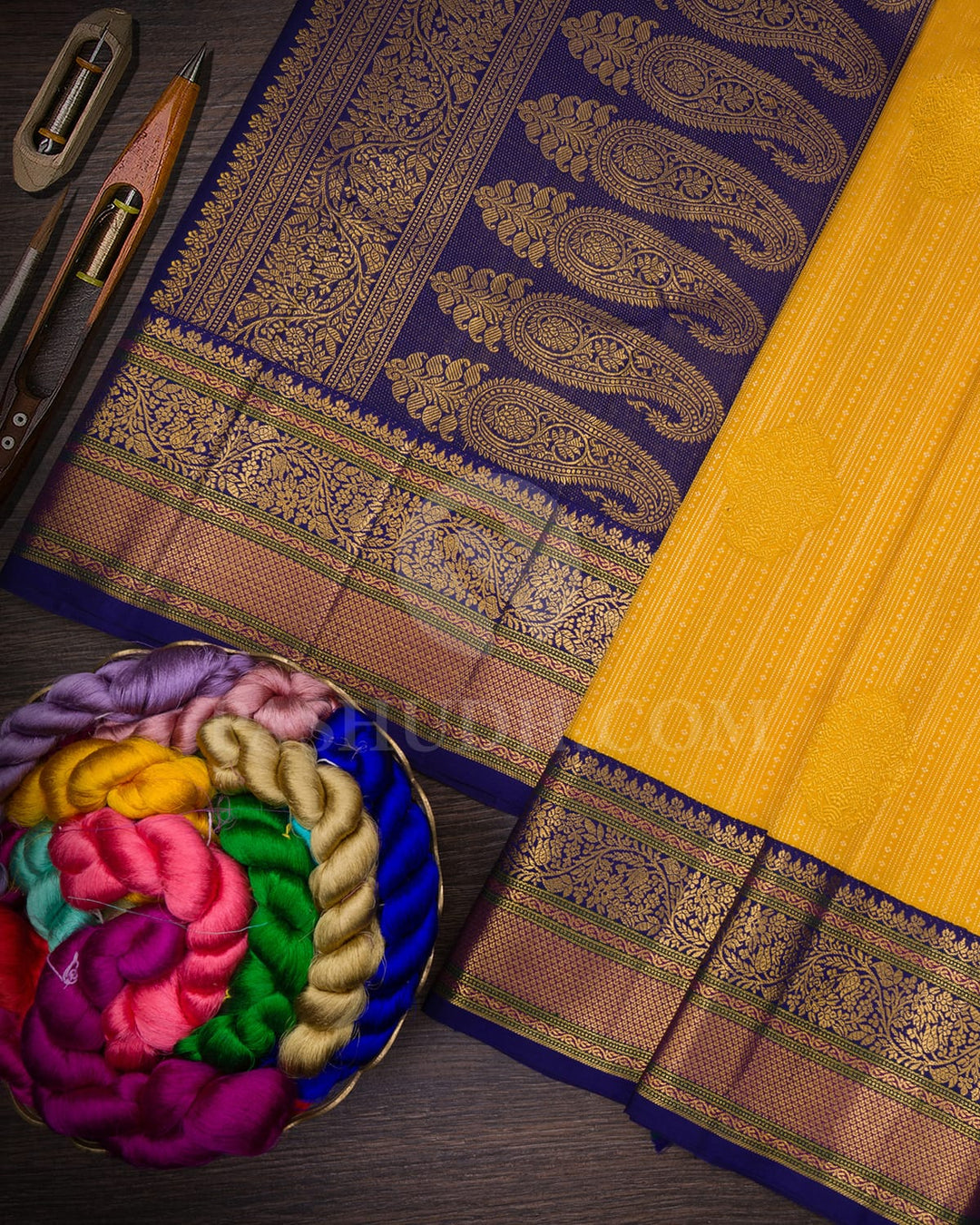 Turmeric Yellow With Royal Blue Kanjivaram Silk Saree-S1159(D)