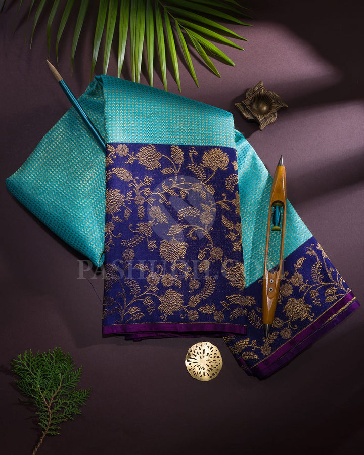 Turquoise With Royal Blue Kanjivaram Silk Saree-S1070(M)