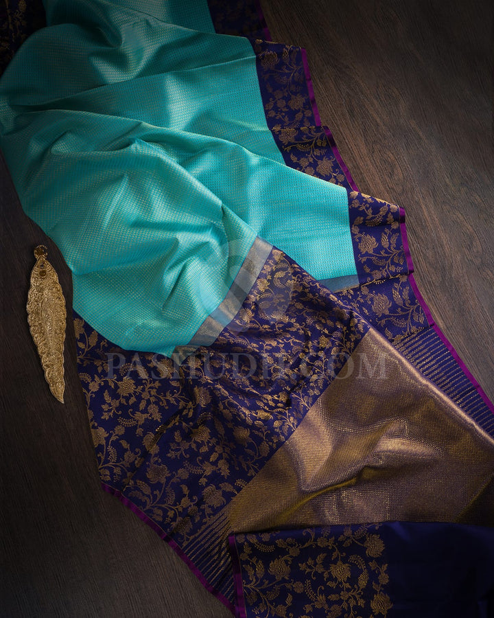 Turquoise With Royal Blue Kanjivaram Silk Saree-S1070(M)