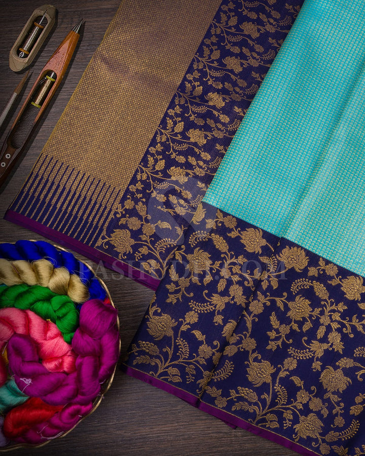 Turquoise With Royal Blue Kanjivaram Silk Saree-S1070(M)