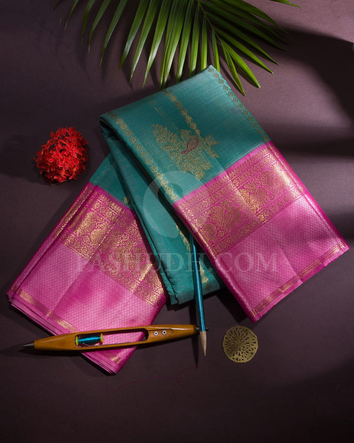 Sea Green With Light Pink Kanjivaram Silk Saree-S1556(B)