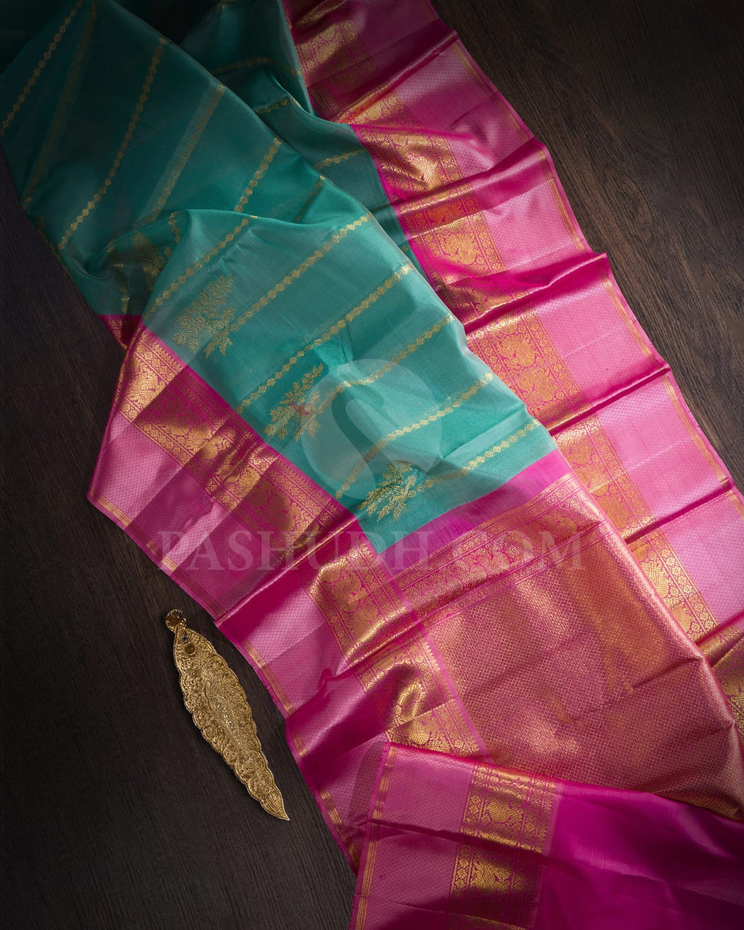 Sea Green With Light Pink Kanjivaram Silk Saree-S1556(B)
