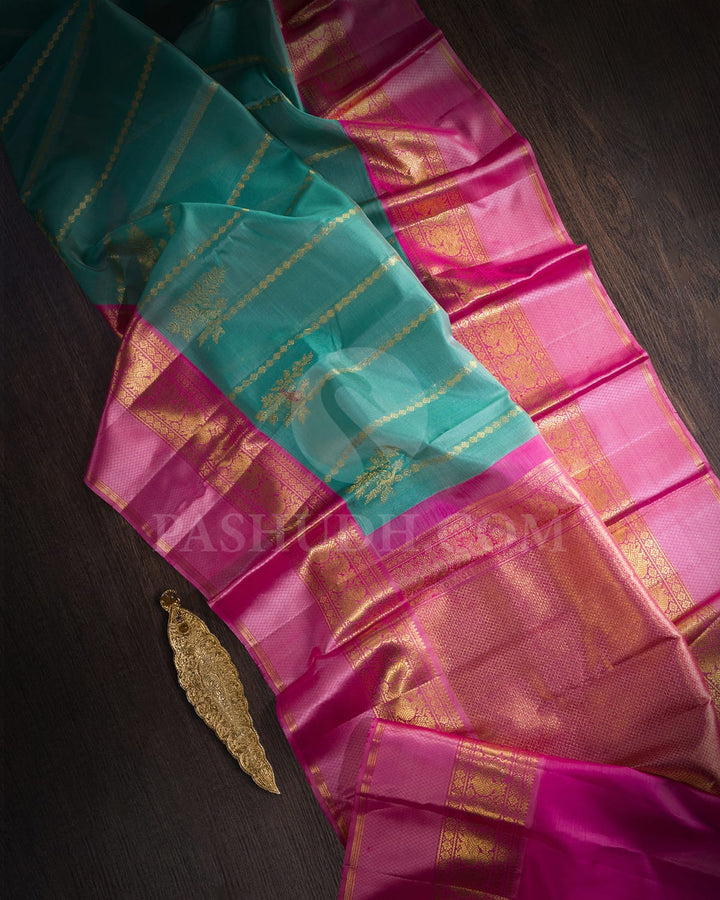Sea Green With Light Pink Kanjivaram Silk Saree-S1556(B)