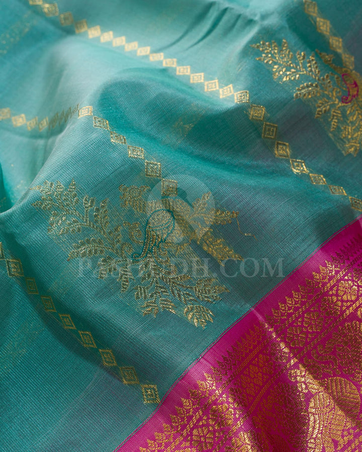Sea Green With Light Pink Kanjivaram Silk Saree-S1556(B)