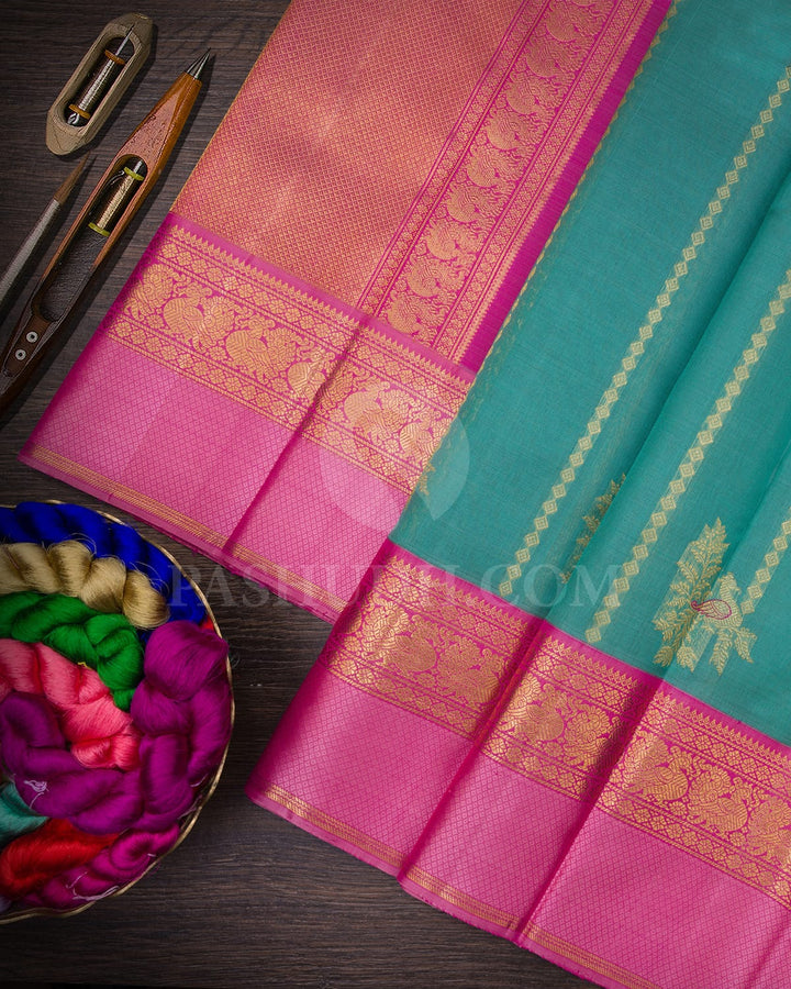 Sea Green With Light Pink Kanjivaram Silk Saree-S1556(B)