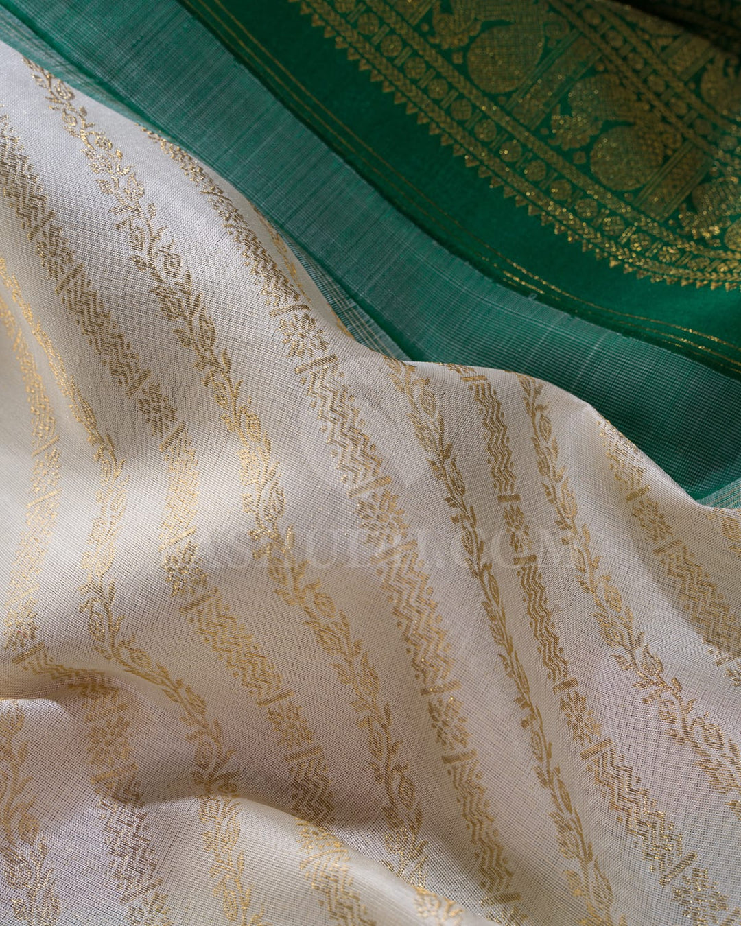 Half White With Dark Green Kanjivaram Silk Saree-S1579(A)