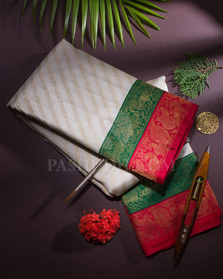 Half White With Dark Green Kanjivaram Silk Saree-S1579(A)