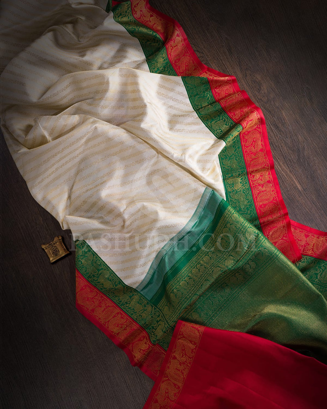 Half White With Dark Green Kanjivaram Silk Saree-S1579(A)