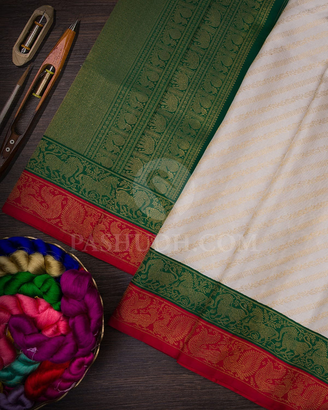 Half White With Dark Green Kanjivaram Silk Saree-S1579(A)