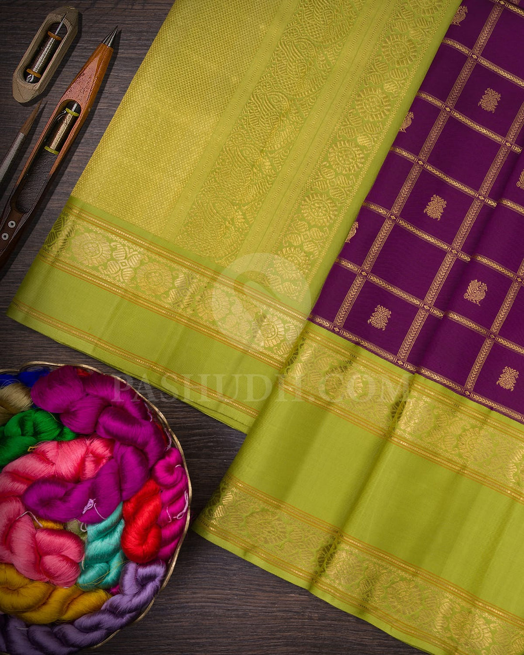 Plum With Pear Green Kanjivaram Silk Saree-S1587(A)