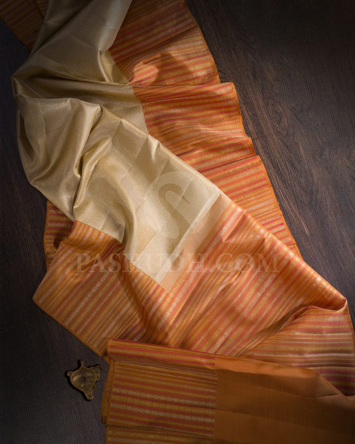 Beige With Rust Orange Kanjivaram Silk Saree-S1591(A)