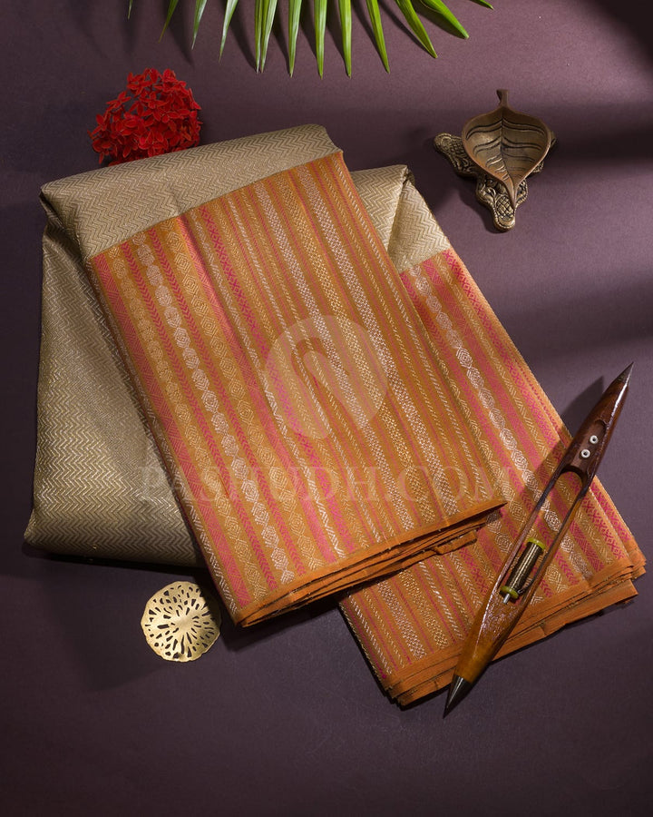 Beige With Rust Orange Kanjivaram Silk Saree-S1591(A)