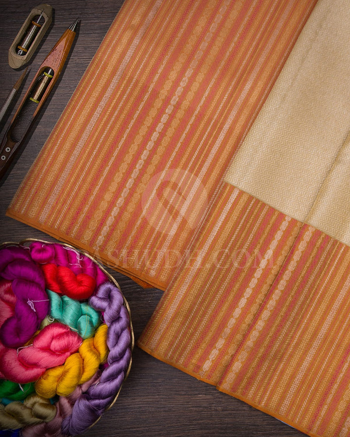Beige With Rust Orange Kanjivaram Silk Saree-S1591(A)