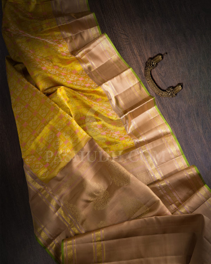 Mustard Yellow And Khaki Kanjivaram Silk Saree-DJ398(B)