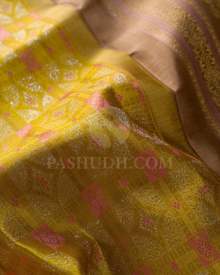 Mustard Yellow And Khaki Kanjivaram Silk Saree-DJ398(B)