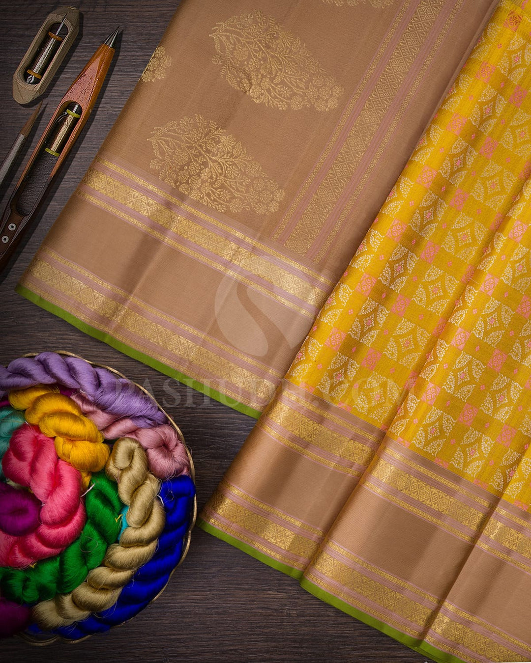 Mustard Yellow And Khaki Kanjivaram Silk Saree-DJ398(B)