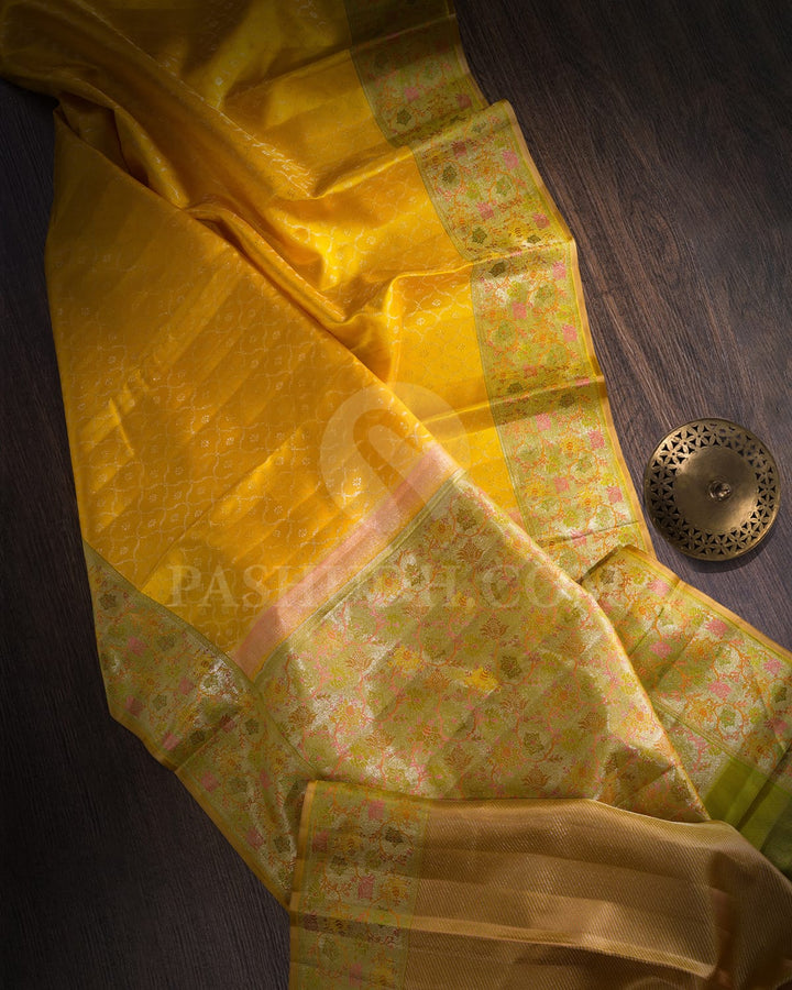 Bright Yellow With Light Green Kanjivaram Silk Saree-D657(A)