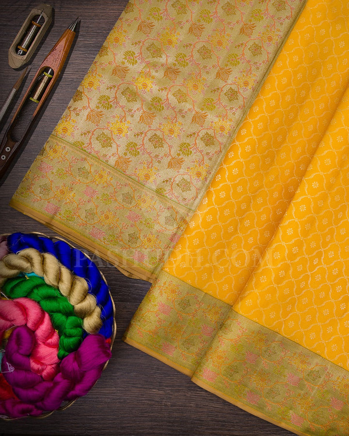 Bright Yellow With Light Green Kanjivaram Silk Saree-D657(A)