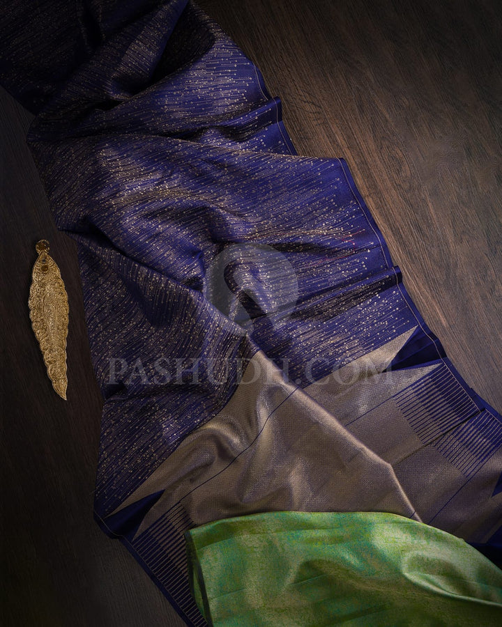 Royal Blue With Light Green Borderless Traditional Kanjivaram Silk Saree-DJ305(J)